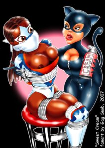 Rating: Explicit Score: 0 Tags: 2girls areolae batman_(series) black_background bondage breasts catwoman cleavage dark-skinned_female dark_skin dc dc_comics female gag gag_snob interracial large_breasts miss_adventure multiple_females multiple_girls nipples rule34 see-through selina_kyle skin_tight straight_hair tail text whipped_cream yuri User: bunchy7s