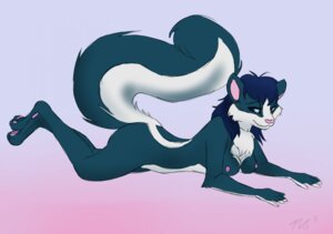 Rating: Questionable Score: 0 Tags: anthro biped blue_eyes blue_hair breasts casual_nudity e621 female fluffy fluffy_tail hair looking_back lying mammal mara_(zinzoline) mephitid nipples nude pawpads pinup pose simple_background skunk solo tail tazara User: bunchy7s