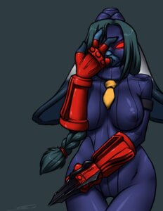 Rating: Questionable Score: 0 Tags: accessory amione anthro blue_body blue_fur breasts capcom clothing decapre_(street_fighter) digital_media_(artwork) e621 female floppy_ears fur furball glowing glowing_eyes green_hair hair lagomorph leporid lop_ears mammal necktie nipples ponytail portrait rabbit simple_background solo street_fighter three-quarter_portrait tight_clothing weapon white_body white_fur User: bunchy7s