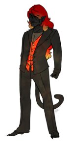 Rating: Safe Score: 0 Tags: 4_toes animal_humanoid barefoot black_body blonde_hair bottomwear claws clothed clothing e621 feet felid fist fully_clothed hair humanoid humanoid_pointy_ears long_hair looking_at_viewer male mammal multicolored_hair pants pointy_ears red_hair simple_background solo standing suit tail toes unknown_artist white_background zargen User: bunchy7s