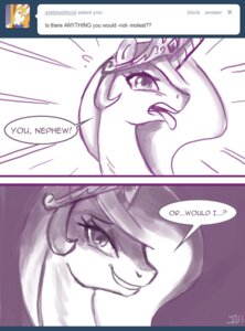 Rating: Safe Score: 0 Tags: 2011 ask_blog ask_princess_molestia comic crown dialogue e621 english_text equid equine fan_character female feral friendship_is_magic hair hasbro headgear horn john_joseco long_hair mammal monochrome my_little_pony mythological_creature mythological_equine mythology open_mouth prince_blueblood_(mlp) princess princess_celestia_(mlp) princess_molestia rape_face royalty smile smirk solo text tiara tongue tongue_out tumblr unicorn User: bunchy7s