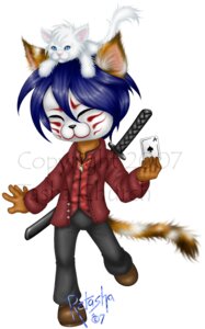 Rating: Safe Score: 0 Tags: 2007 :3 ace_of_spades ambiguous_gender animal_mask anthro bent_arm bent_leg blue_hair calico_cat card carrying_another dated distracting_watermark domestic_cat duo e621 extended_arm felid feline felis fox_mask fur gaia_online hair holding_card holding_object holding_single_card jewelry male mammal mask melee_weapon messy_tail mottled necklace on_head on_one_leg one_calf_up piebald playing_card raised_calf raised_foot retasha shatari signature simple_background spades_(suit) standing straight_leg suit_symbol sword tail thin_tail watermark weapon white_background white_body white_fur year User: bunchy7s