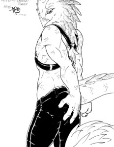 Rating: Questionable Score: 0 Tags: anthro athletic athletic_anthro athletic_male avian beak biped black_and_white butt clothed clothing e621 feathers hand_on_butt harness leather looking_at_viewer looking_back male modem_redpill monochrome nipple_piercing nipples ovix piercing pose side_view solo standing stare tail tail_tuft topless tuft User: bunchy7s