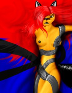 Rating: Questionable Score: 0 Tags: 2010 anthro black_ears blonde_hair blue_background breasts canid canine e621 female female_anthro green_eyes hair kunako mammal nipples nude orange_body red_background red_hair simple_background solo spotted_ears User: bunchy7s