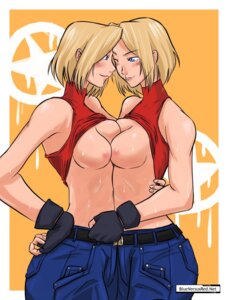 Rating: Questionable Score: 0 Tags: 2girls asymmetrical_docking bare_shoulders blonde_hair blue_eyes blue_mary blueversusred breast_press breasts dual_persona fatal_fury female fingerless_gloves forehead-to-forehead gloves halter_top halterneck hug king_of_fighters midriff multiple_females multiple_girls nipples no_bra rule34 selfcest short_hair snk sweat symmetrical_docking top_lift watermark web_address wink User: bunchy7s