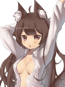Rating: Questionable Score: 0 Tags: 2012 :o ahoge animal_humanoid blush breasts brown_hair cleavage clothed clothing collared_shirt digital_media_(artwork) dress_shirt e621 female hair half-length_portrait humanoid inner_ear_fluff long_hair looking_at_viewer mammal open_clothing open_mouth open_shirt open_topwear partially_clothed pink_eyes portrait shirt simple_background solo stretching topwear tsliuyixin tuft waking_up white_background User: bunchy7s