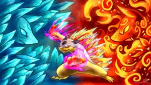 Rating: Safe Score: 0 Tags: action_pose ambiguous_gender anthro blue_eyes color_contrast digital_media_(artwork) duality e621 featureless_crotch fire front_view generation_2_pokemon glowing glowing_hands haychel hi_res ice looking_at_viewer looking_away nintendo nude open_mouth open_smile pokemon pokemon_(species) pose red_eyes smile solo standing typhlosion warm/cold_theme wide_stance yellow_eyes User: bunchy7s