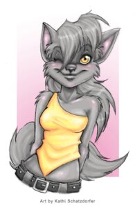 Rating: Safe Score: 0 Tags: anthro belt black_nose blush breasts clothed clothing domestic_cat e621 eyebrows eyelashes felid feline felis female fluffy fluffy_tail fur grey_body grey_fur grey_hair hair hands_behind_back kinta long_hair looking_at_viewer mammal one_eye_closed pink_background schwarze_katze shirt simple_background slim smile solo tail topwear wink yellow_eyes User: bunchy7s