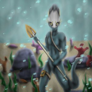 Rating: Safe Score: 0 Tags: 1:1 ai-alchemy anthro aquatic bubble e621 grey_body male melee_weapon polearm rock sand solo source_request spear tail underwater water weapon User: bunchy7s