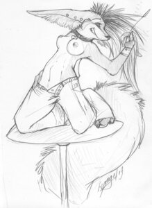 Rating: Questionable Score: 0 Tags: 2009 anthro breasts canid canine casual_exposure clothed clothing collar e621 ear_piercing female fennec_fox fox lycangel mammal monochrome nipples piercing solo tail topless true_fox User: bunchy7s