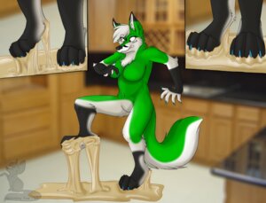 Rating: Safe Score: 0 Tags: 2013 4_toes absinthy anthro breasts canid canine claws e621 feet female fox fox_fury fur glue green_body green_fur hair mammal paws raised_leg solo stuck stuck_feet surprised tail toes white_hair User: bunchy7s