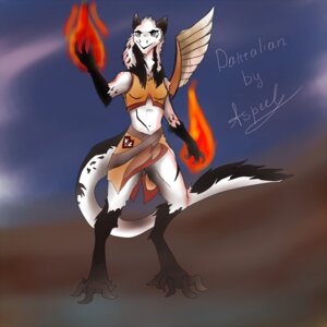 Rating: Safe Score: 0 Tags: 1:1 anthro aspeel biped clothed clothing dantalian_letrou_(character) e621 feathered_wings feathers female fire front_view magic mammal sergal signature simple_background solo standing tail wings User: bunchy7s