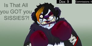 Rating: Questionable Score: 0 Tags: 2:1 anthro band-aid bandage bear black_body black_fur black_hair blood blood_stain bodily_fluids boxing boxing_gloves broken_teeth clothing dialogue e621 english_text facial_piercing female fight front_view fur giant_panda hair handwear hybrid mammal multicolored_hair nose_piercing nosebleed one_eye_closed orange_hair panda_dox piercing punch purple_nose septum_piercing short_hair slightly_chubby solo sport talking_to_viewer text white_body white_fur wink User: bunchy7s