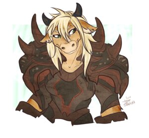 Rating: Safe Score: 0 Tags: anthro armor blizzard_entertainment blonde_hair bovid bovine e621 female green_eyes hair horn mammal piercing shalinka smile solo tauren warcraft User: bunchy7s