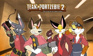 Rating: Safe Score: 0 Tags: 2009 abby_normal accessory anthro breasts canid cigarette cleavage clothed clothed_anthro clothed_female clothing cosplay demoman_(team_fortress_2) digital_media_(artwork) e621 engineer_(team_fortress_2) english_text eye_patch eyewear felid female female_anthro flare_gun fur gloves goggles grey_body grey_fur group gun handwear lexi_(portzebie) mammal nail_phillips necktie overalls portzebie pyro_(team_fortress_2) ranged_weapon red_clothing red_shirt red_suit red_topwear rhapsody_bloom shirt spy_(team_fortress_2) suit team_fortress_2 text topwear valve valve_corporation weapon yellow_body yellow_clothing yellow_fur yellow_gloves yellow_handwear User: bunchy7s