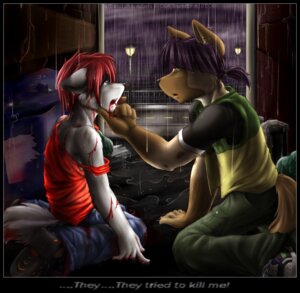 Rating: Questionable Score: 0 Tags: 2004 alley anthro blood bodily_fluids canid canine canis cloud dialogue domestic_dog duo e621 ears_down english_text face_grab gang hair hi_res hyena kneeling love male male/male mammal outside overcast pivoted_ears raining red_hair scared sitting sky spotted_hyena stonecircle tail tears text wariza wolf wounded User: bunchy7s