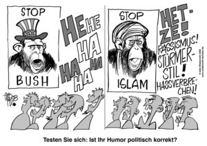 Rating: Safe Score: 0 Tags: 2008 angry anthro ape chimpanzee e621 george_w._bush german_text gotz_wiedenroth greyscale group haplorhine human humor islam islamophobia laugh male mammal monochrome pan_(genus) political_cartoon politics primate racism real_world religion republican_party_(usa) text translated xenophobia User: bunchy7s