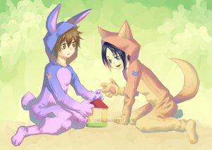 Rating: Safe Score: 0 Tags: animal_hood animal_onesie black_hair blue_eyes brown_eyes brown_hair canid canine canis celsa_(artist) clothing duo e621 female hair human lagomorph leporid male mammal onesie rabbit sitting wolf User: bunchy7s