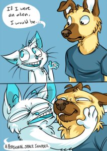 Rating: Safe Score: 0 Tags: anthro black_eyes blue_eyes brown_body brown_fur canid canine canis clothing comic dialogue domestic_cat domestic_dog duo e621 english_text eye_contact felid feline felis fur german_shepherd herding_dog humor looking_at_another male mammal multiple_scenes pastoral_dog pun shirt spam_cat spamcat text topwear white_body white_fur User: bunchy7s