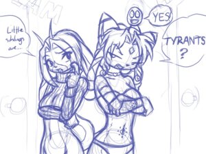 Rating: Safe Score: 0 Tags: 4:3 4_fingers anthro caramel_kitteh_(character) clothed clothing detailed_background duo e621 english_text evil_egg felid female fingers floppy_ears furball lop_ears mammal monochrome purple_and_white sketch skimpy standing text toony unknown_species User: bunchy7s