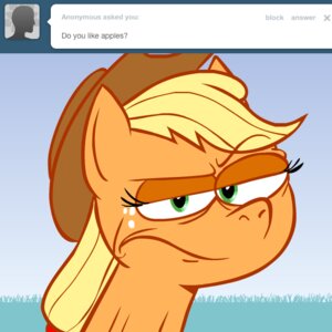 Rating: Safe Score: 0 Tags: 1:1 applejack_(mlp) ask_blog ask_jappleack asking blonde_hair clothing cowboy_hat e621 earth_pony english_text equid equine eyelashes female feral freckles friendship_is_magic green_eyes hair hasbro hat headgear headwear horse hotdiggedydemon mammal my_little_pony pony ponytail solo text toony tumblr user_message User: bunchy7s