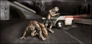 Rating: Questionable Score: 0 Tags: 2012 anthro car city clothed clothing duo e621 felid graffiti kneeling male mammal night nude outside pantherine road science_fiction splice_(artist) tiger train transformation vehicle User: bunchy7s