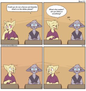 Rating: Safe Score: 0 Tags: ambiguous_gender anthro blind blue_eyes canid canine cobalt_snow comic conditional_dnp dialogue digital_media_(artwork) disability duo e621 english_text eros_(comic) facial_markings fur grey_body grey_fur head_markings ian_(cobalt_snow) ida_(cobalt_snow) mammal markings pink_eyes tan_body tan_fur text vera_(species) User: bunchy7s