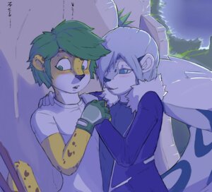 Rating: Safe Score: 0 Tags: 5_fingers anthro arm_grab blue_eyes blush brown_body brown_fur clothing countershading digital_media_(artwork) duo e621 felid femboy fingerless_gloves fingers fur gloves green_eyes green_hair grey_body grey_fur hair hair_over_eye handwear inner_ear_fluff jacket leopard looking_aside looking_at_another male male/male mammal mascot one_eye_obstructed open_mouth pantherine raised_tail resine shaded shirt short_hair shoulder_grab side_view snow_leopard spots t-shirt tail topwear tuft white_body white_fur yellow_body yellow_fur zakumi zeiro User: bunchy7s