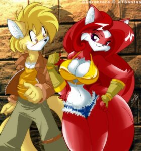 Rating: Questionable Score: 0 Tags: 2004 anthro armor big_breasts blush bottomwear bracers breasts canid canine chalo cleavage clothed clothing duo e621 female fox fur hair male mammal midriff pants purple_eyes red_body red_fur red_hair shorts skimpy standing tail User: bunchy7s