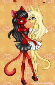 Rating: Safe Score: 0 Tags: angelina_onyx anthro black_hair blonde_hair blouse blue_eyes bottomwear breasts cleavage clothed clothing collar deity demon domestic_cat duo e621 eye_contact felid feline felis female female/female footwear hair long_legs looking_at_another mammal natasha_onyx rinatt sandals shoes skirt slim tail thin_calves thin_legs thin_thighs topwear User: bunchy7s