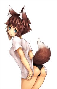 Rating: Questionable Score: 0 Tags: animal_humanoid blue_eyes brown_hair butt camel_toe canid canid_humanoid canine canine_humanoid canis clothing dipstick_tail dog_humanoid domestic_dog e621 female hair humanoid looking_at_viewer looking_back mammal mammal_humanoid markings nosuku panties shirt short_hair simple_background solo tail tail_markings topwear underwear white_background User: bunchy7s