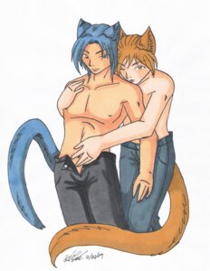 Rating: Questionable Score: 0 Tags: 2009 animal_humanoid blue_body blue_bottomwear blue_clothing blue_eyes blue_fur blue_hair bottomwear brown_body brown_fur brown_hair clothed clothing cuddling denim denim_bottomwear denim_clothing domestic_cat duo e621 felid feline felis fur grey_bottomwear grey_clothing hair hand_on_belly hi_res hug human humanoid jeans koshkio licking looking_at_viewer love male male/male mammal marker_(artwork) mixed_media navel pants pen_(artwork) romantic romantic_couple short_hair tongue tongue_out topless traditional_media_(artwork) translucent translucent_hair unbuttoned yellow_eyes User: bunchy7s