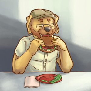 Rating: Safe Score: 0 Tags: 1:1 anthro astolpho beard bird_dog burger canid canine canis clothing digital_media_(artwork) domestic_dog e621 eating eyes_closed eyewear facial_hair food glasses golden_retriever hat headgear headwear holding_food holding_object hunting_dog male mammal retriever solo User: bunchy7s