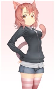 Rating: Safe Score: 0 Tags: absolute_territory accessory adolescent animal_humanoid bottomwear brown_eyes brown_hair cat_humanoid cat_tail clothing denim denim_clothing digital_media_(artwork) e621 felid felid_humanoid feline feline_humanoid female hair hair_accessory hairclip hand_on_hip hi_res humanoid jacket legwear mammal mammal_humanoid parallel_clips pattern_clothing pattern_legwear shaded short_hair shorts simple_background smile solo standing striped_clothing striped_legwear stripes thigh_highs topwear young zizi_(zz22) User: bunchy7s