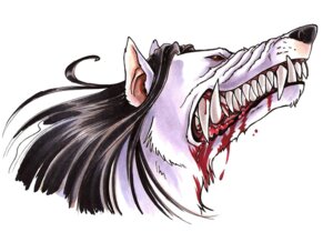 Rating: Questionable Score: 0 Tags: ambiguous_gender black_hair blood bodily_fluids canid canine canis e621 fangs feral fur gantzcraziness hair mammal simple_background solo teeth white_background white_body white_fur wolf User: bunchy7s