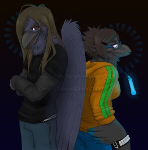 Rating: Safe Score: 0 Tags: 2008 alternative_fashion anthro avian beak bird bottomwear bracelet brittany_mckinnish brown_hair clothed clothing corvid corvus_(genus) crow denim denim_bottomwear denim_clothing distracting_watermark duo e621 ear_piercing eyewear feathered_wings feathers female glasses glowstick hair hoodie jeans jewelry long_hair male oscine pants passerine piercing red_eyes shirt short_hair topwear watermark wings User: bunchy7s