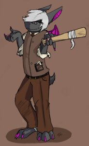Rating: Safe Score: 0 Tags: 3_toes 4_fingers absurd_res accessory anthro bat bat_(object) belt bottomwear brown_background claws clothed clothing e621 eyewear feet fingers fur glasses grey_body grey_fur hair hi_res holding_object humor male mammal necktie pants phenris pink_claws pun purple_eyes shirt simple_background solo tail toes topwear vest white_hair wings User: bunchy7s