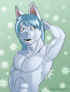 Rating: Questionable Score: 0 Tags: abs anthro blue_hair e621 equid equine fur green_background green_eyes grey_body grey_fur hair half-length_portrait hand_behind_head horse looking_aside male mammal nude open_mouth portrait simple_background solo spearmint tailgoblin User: bunchy7s