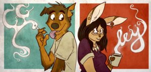 Rating: Safe Score: 0 Tags: anthro beverage canid canine canis cigarette coffee coyote duo e621 ear_piercing female food lagomorph leporid male mammal piercing rabbit skurvy steam_writing vapor_writing User: bunchy7s