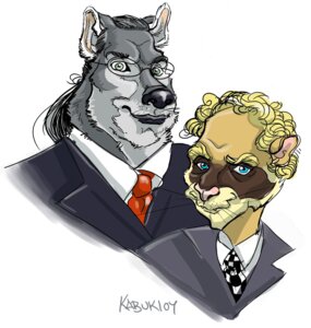 Rating: Safe Score: 0 Tags: 2007 accessory alternate_species anthro bust_portrait canid canine canis caricature clothed clothing duo e621 european_polecat eyewear furrification glasses kabuki_homewood magician male mammal mustelid musteline necktie penn_jillette portrait raymond_teller simple_background suit true_musteline weasel white_background wolf User: bunchy7s
