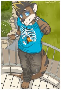 Rating: Safe Score: 0 Tags: 2014 anthro barefoot biped black_nose blue_clothing blue_eyes blue_shirt blue_t-shirt blue_topwear border brown_body brown_fur canid canine canis clothing digital_media_(artwork) domestic_dog e621 ear_piercing feet foreshortening fur hair hi_res high-angle_view hybrid kyo_(kiasano) looking_at_viewer male mammal mustelid otter piercing print_clothing print_shirt print_t-shirt print_topwear shirt shirt_logo solo spazzyhusky t-shirt tail topwear white_border User: bunchy7s