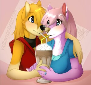 Rating: Safe Score: 0 Tags: 2014 anthro beverage blonde_hair blue_eyes blush breasts canid canine canis clothing digital_media_(artwork) domestic_dog duo e621 eye_contact female female/female fur hair hand_holding kristy long_hair looking_at_another low_res mammal milkshake piercing pink_hair romantic romantic_couple roxy_bradingham sharing sharing_beverage sharing_milkshake wolf wolflady yellow_body yellow_fur User: bunchy7s