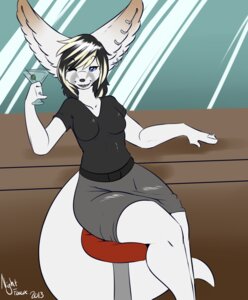 Rating: Safe Score: 0 Tags: 2013 anthro bar big_ears biped black_hair black_nose blue_eyes bottomwear breasts brown_body brown_fur canid canine clothed clothing digital_media_(artwork) e621 ear_piercing english_text female fennec_fox fox fur furniture glass grey_body grey_fur hair inside looking_at_viewer mammal mara_oskar nightfaux one_eye_closed piercing shirt signature sitting skirt smile solo table tail text topwear true_fox white_body white_fur white_hair wink User: bunchy7s