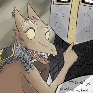 Rating: Safe Score: 0 Tags: 1:1 2013 anthro armor blushbutt breasts dialogue duo e621 ear_piercing english_text female human knight kobold looking_up male mammal open_mouth piercing scalie shocked teeth text warrior User: bunchy7s