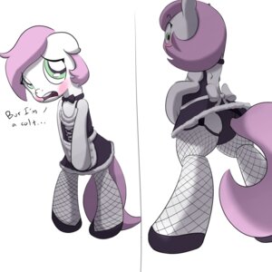 Rating: Questionable Score: 0 Tags: 1:1 2013 absurd_res blush bow_(feature) bow_tie candy_prancer clothed clothing crossdressing dialogue e621 earth_pony english_text equid equine fan_character femboy feral fishnet_clothing full_stop fur green_eyes hair hasbro hi_res horse legwear looking_back male mammal my_little_pony pony purple_hair ribbons simple_background solo stockings text white_body white_fur User: bunchy7s