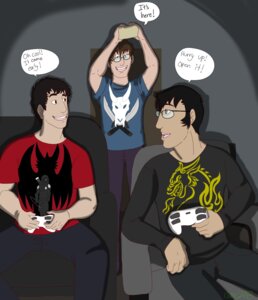 Rating: Safe Score: 0 Tags: 2013 absurd_res bottomwear clothed clothing comic controller dialogue dragon e621 english_text eyewear game_controller glasses group hair hi_res human justinfox male mammal mythological_creature mythological_scalie mythology not_furry pants scalie shirt speech_bubble text topwear trio User: bunchy7s