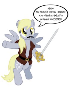 Rating: Safe Score: 0 Tags: absurd_res belt blonde_hair brown_clothing bubble clothing cosplay cutie_mark derp_eyes derpy_hooves_(mlp) dialogue e621 english_text equid equine eyelashes facial_hair feathered_wings feathers female feral friendship_is_magic fur greeting grey_body grey_feathers grey_fur hair hasbro hi_res inigo_montoya long_hair mammal melee_weapon mustache my_little_pony mythological_creature mythological_equine mythology noxogz open_mouth pegasus pirate simple_background smile solo standing sword teeth text topwear vest weapon white_background wings yellow_eyes User: bunchy7s