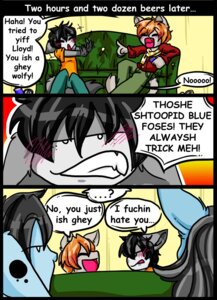 Rating: Safe Score: 0 Tags: alcohol anthro beer beverage black_hair blue_body blue_fur blush can canid canine canis clothing comic container darkfoxsoldier dialogue digital_media_(artwork) domestic_dog drinking drunk e621 english_text felid food fox free_to_a_good_home_(webcomic) fur furniture group hair humor kai_volikov lily_(dfstarfield) lloyd_(darkfoxsoldier) male mammal red_hair sofa substance_intoxication tail text wolf xizana zeno User: bunchy7s