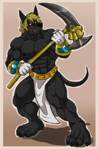 Rating: Safe Score: 0 Tags: 2013 2:3 abs anthro anubian_jackal armor arody athletic belt biceps big_muscles biped black_body black_fur black_nipples black_nose blonde_hair blue_eyes bottomwear bracelet brown_background canid canine canis claws clothed clothing e621 fangs fur hair hi_res holding_object holding_weapon jackal jewelry loincloth male mammal melee_weapon muscular muscular_anthro muscular_male nipples pecs polearm pose scythe simple_background solo standing tail teeth toe_claws topless weapon User: bunchy7s
