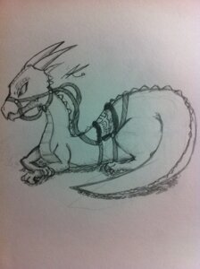 Rating: Safe Score: 0 Tags: 2012 9air absurd_res ambiguous_gender black_and_white bridle claws dragon e621 feral graphite_(artwork) hi_res horn monochrome mount mythological_creature mythological_scalie mythology saddle scalie simple_background sitting sketch solo tail traditional_media_(artwork) white_background User: bunchy7s